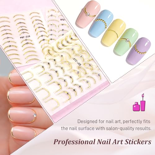 5D Embossed French Nail Stickers Gold Line Wave Curve Decals 4 Sheets