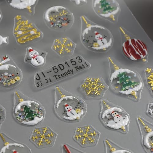 5D Embossed Christmas Nail Art Stickers Winter Crystal Ball Snowman Decals 2 Sheets