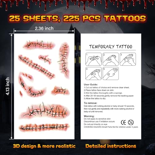 Halloween Chucky Scar Temporary Tattoos - 25 Sheets Realistic Waterproof Zombie Stitches Makeup