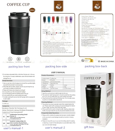 YINJOYI 17oz Insulated Travel Coffee Mug - Black, Leak Proof Tumbler