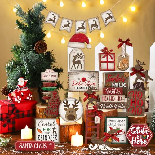 Christmas Tiered Tray Decorations Set with Stand - Red & Winter Theme