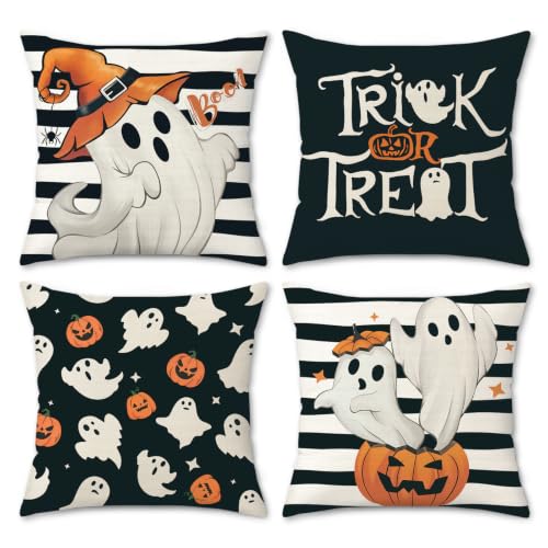 Bonhause Halloween Throw Pillow Covers Set of 4 - 18x18 Inch Ghost & Pumpkin Decor