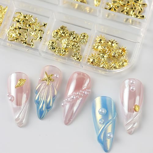 KSTBJN 12 Grids Gold Metal Nail Art Charms 3D Ocean Theme Decors