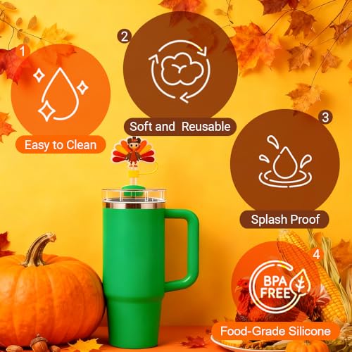 Thanksgiving Straw Covers - 6 Reusable Silicone Caps for 10mm Straws