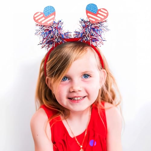 4th of July USA Flag Star Bow Headband with Tinsel Red White Blue