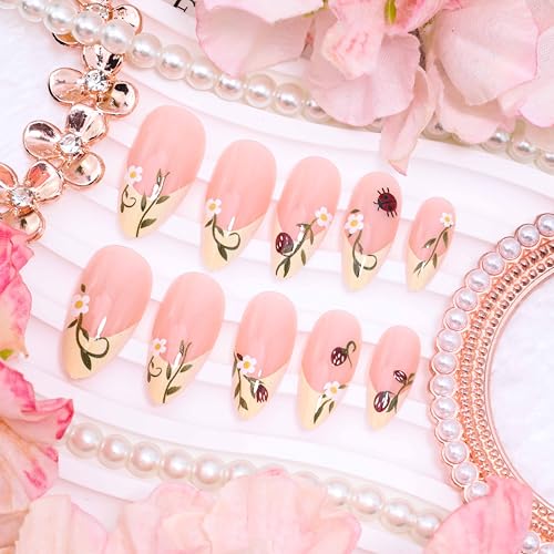 French Tip Press on Nails Medium Almond Fake Nails with Floral Design