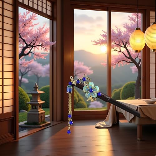 Blue Wooden Hair Stick Vintage Tassel Floral Hairpin for Hanfu