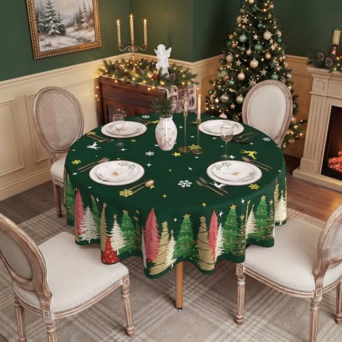 Green Christmas Round Tablecloth 90 Inch Waterproof & Washable Holiday Decor - Xmas Green / 90"