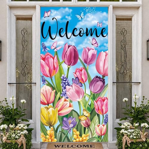 Spring Floral Welcome Door Banner - Tulip & Butterfly Porch Decor 35.4x70.9"