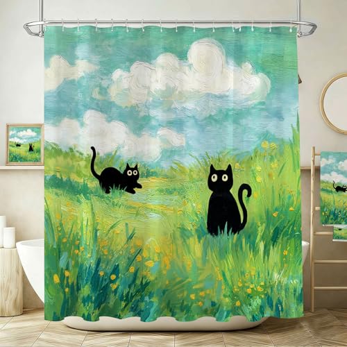 Funny Cat Shower Curtain - Waterproof Black Cat Design, 72x72 Inch