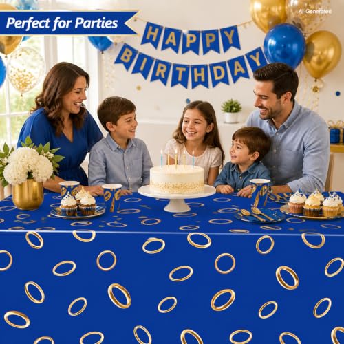 3-Pack Blue Gold Ring Print Disposable Tablecloths - 54x108 Inches