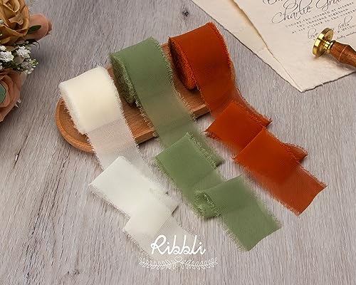 Handmade Silk Fringe Ribbon for Wedding & Crafting - Ivory/Dusty Sage/Terracotta, 1.5 Inch x 30 Yards