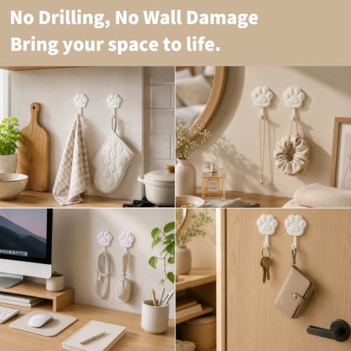 Cream White Paw Design Self-Adhesive Wall Hooks - No Drill, Damage-Free