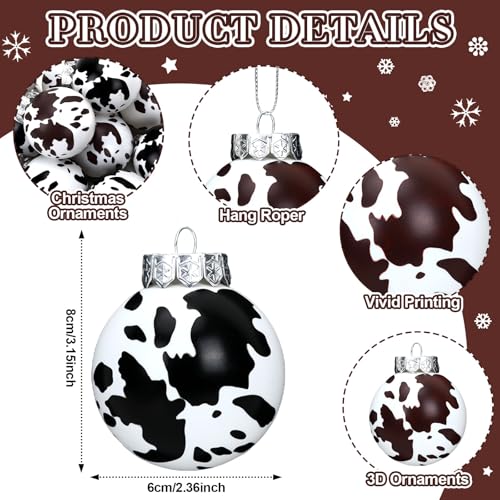 Cowhide Christmas Ornaments Set - Black & White Holiday Decorations, 24 Pack
