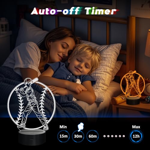 Baseball Boy Night Light - 3D LED Illusion Lamp with 16 Colors & Remote - Boy Player Variation