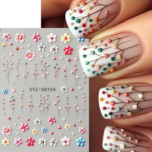 5D Embossed Flower Nail Stickers - Daisy Floral Decals 4 Sheets