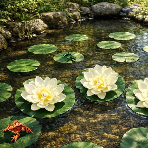 12-Piece Artificial Floating Lily Pads Set with Lotus Flowers and Frogs