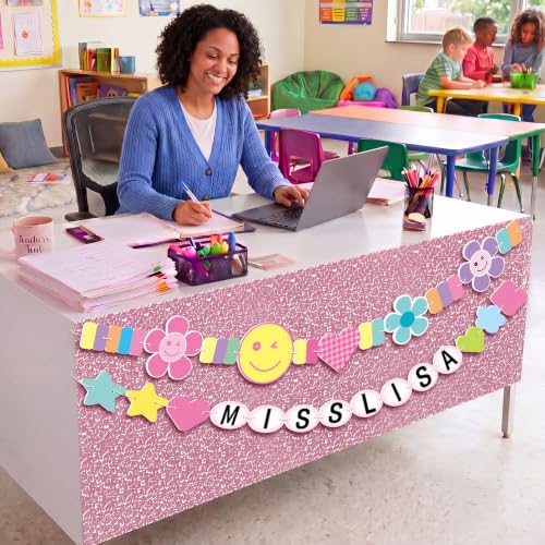 Pink Teacher Desk Skirt Wrap with Smile Face Banner - 71"x24"