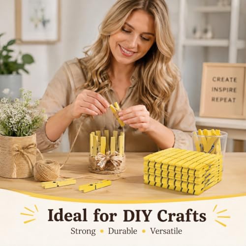 Yellow Mini Wooden Clothespins 1.4 Inch 50 Pack - Rustic Craft Photo Clips with Spring