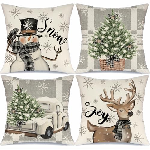 Christmas Throw Pillow Covers 18x18 Set of 4, Holiday Snowman Reindeer Decor