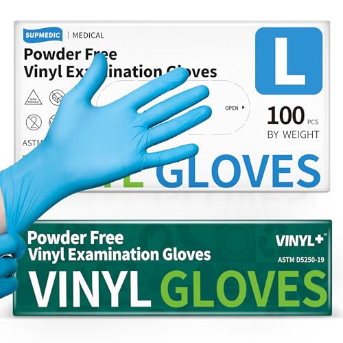 Supmedic Vinyl Disposable Exam Gloves, 100 Large Blue - Powder-Free & Latex-Free