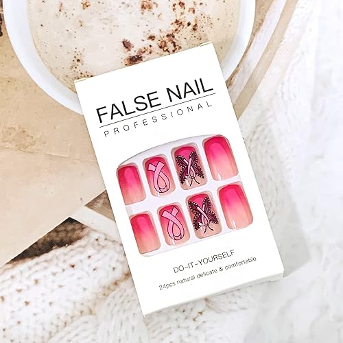 Onsdag Pink Press on Nails Short Square Glossy Butterfly False Nails