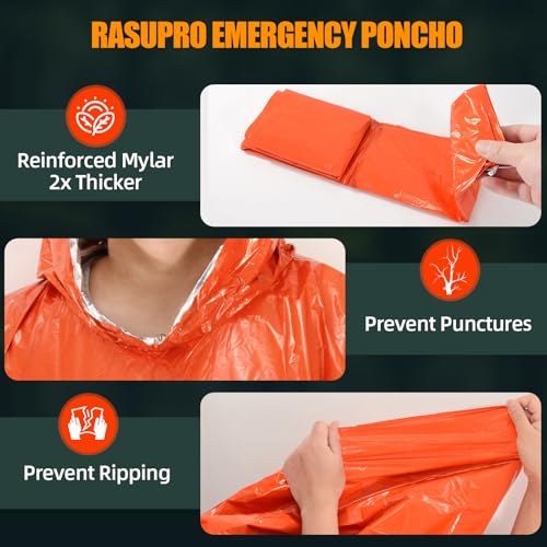 4 Pack Emergency Ponchos with Thickened Mylar Blanket Lining, Windproof, Waterproof, and Thermal Orange Survival Ponchos - Perfect for Outdoor Rescue, Family Camping Gear, Car Emergency Kits
