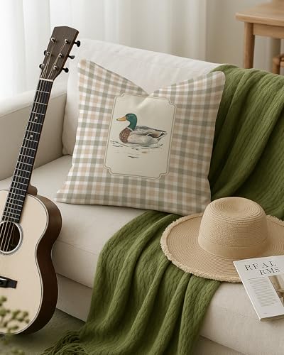 Mallard Duck Throw Pillow Cover 18x18, Farmhouse Plaid Decor - Color-20