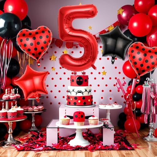 40-Inch Red Number 5 Balloon Set with Heart-Shaped Balloons