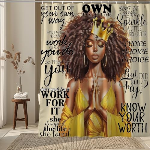 Motivational African American Shower Curtain - Black Woman 72x72 Inch, Brown Yellow
