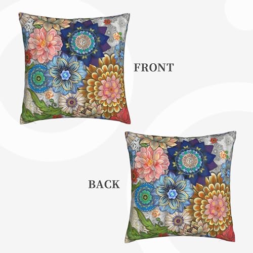 Bohemian Mandala Throw Pillow Cover 18x18 Inch - Colorful Floral, Boho Style, Double Sided Design