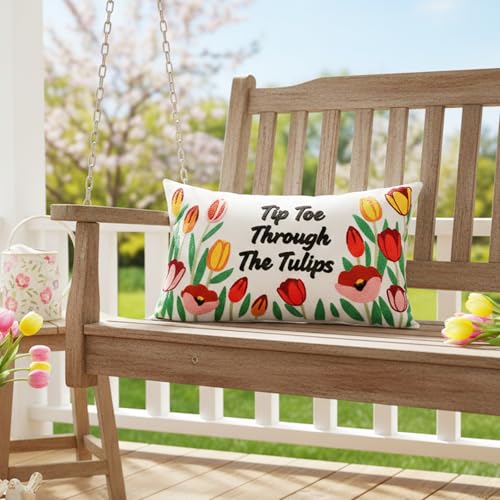 Embroidered Flower Tulip Pillow Cover 12x20 Inch for Home Decor