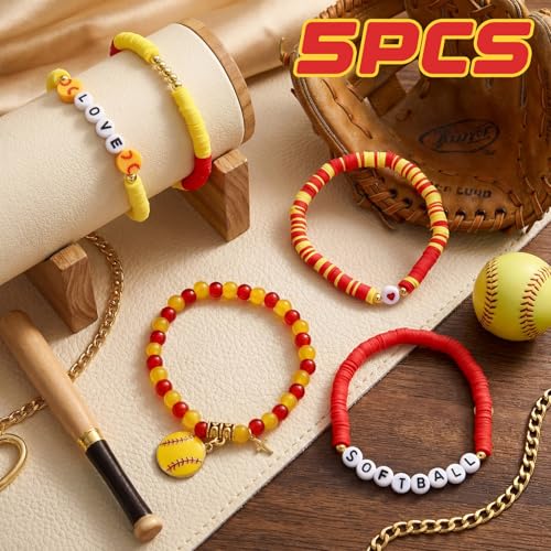 Softball Bracelets Set for Women - 5 Pcs Clay Stackable Charm Jewelry