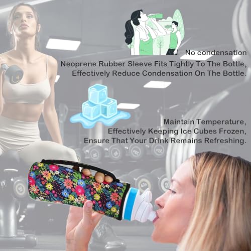 32oz Cute Printed Sleeve Compatible With Cirkul Water Bottle For Plastic And Stainless Steel Bottles 32oz Neoprene Sweat-Wicking Material Insulated Cover Designed With Handles (Black)