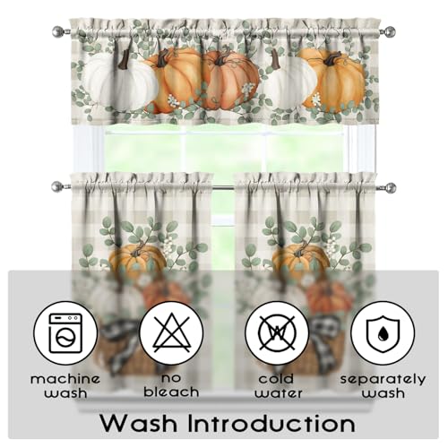 Pumpkin Eucalyptus Farmhouse Kitchen Curtain Set 3-Piece 53"W x 54"L Orange