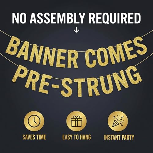 Pre-Strung Gold Glitter Happy 12th Birthday Banner - Party Decoration