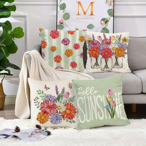 Vibrant Daisies Throw Pillow Covers Set of 4 - 18x18 Inch Floral Decor