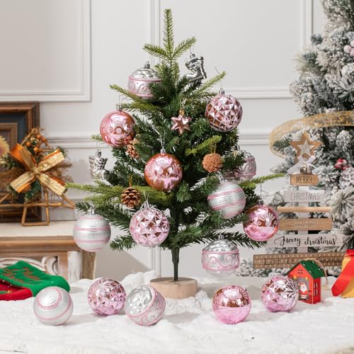 Pink and Silver Christmas Balls Ornament Set - 100 Shatterproof Plastic Decor with Tree Topper & Snowflakes