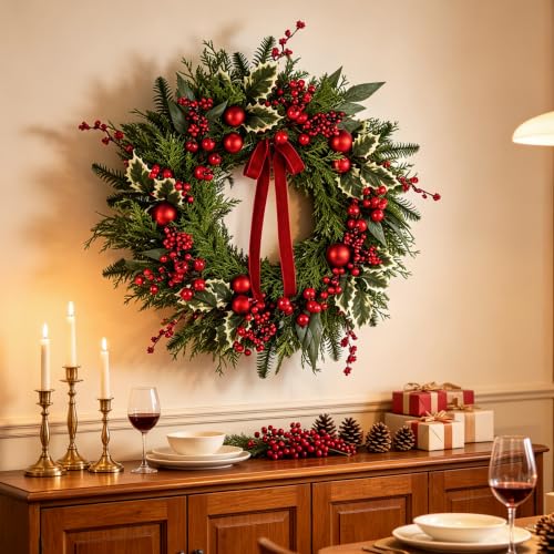 24 Inch Christmas Wreath with Artificial Eucalyptus & Red Bow for Front Door Holiday Decor - Variation of This Listing