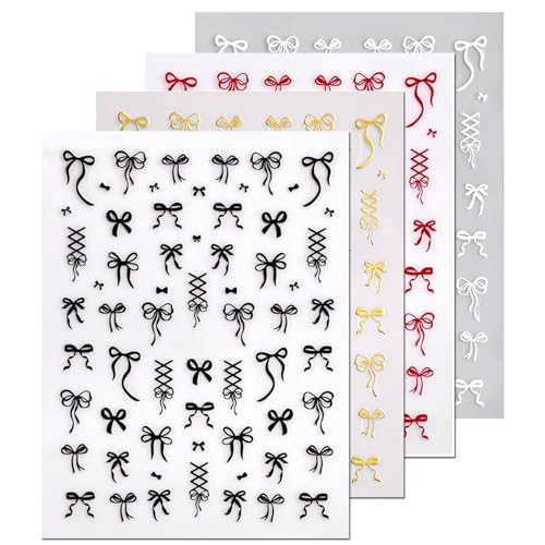 KAHSOSE Bow Nail Art Stickers 4Pcs Self-Adhesive Black White Red Gold