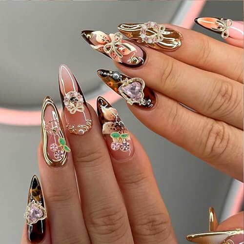 60PCS Gold Heart Cherry Nail Charms Y2K Rhinestone 3D Nail Art Gems