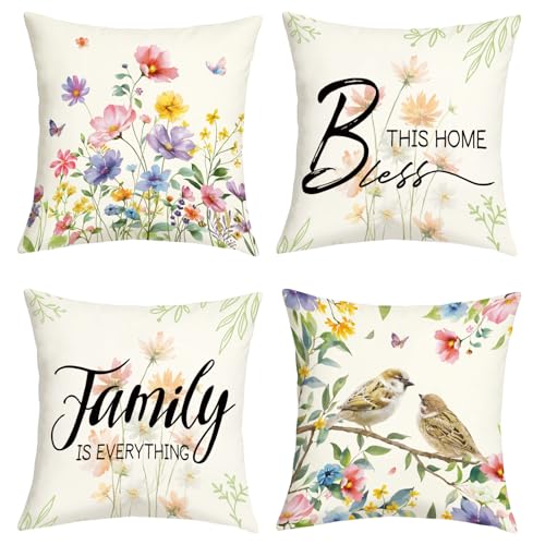 Joymaison 18x18 Velvet Throw Pillow Covers, Set of 4 Spring Floral Birds