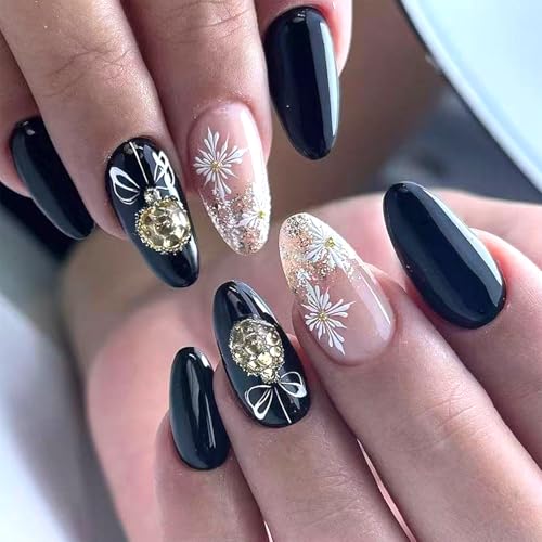 Christmas Press on Nails Medium Almond Fake Nails Glitter French Tip