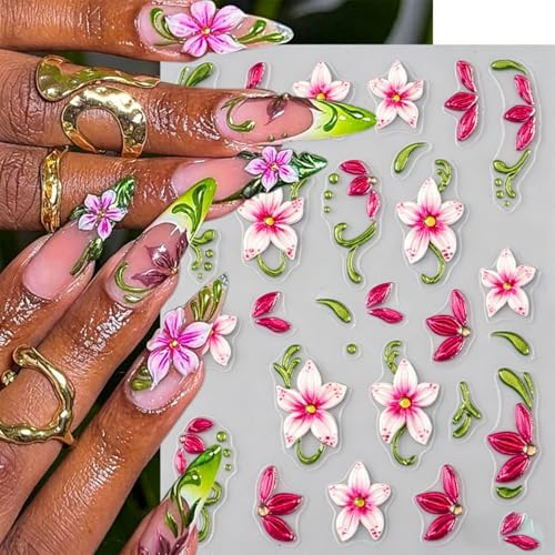 5D Embossed Flower Nail Stickers - 3 Sheets Blue & Pink Spring Floral Decals