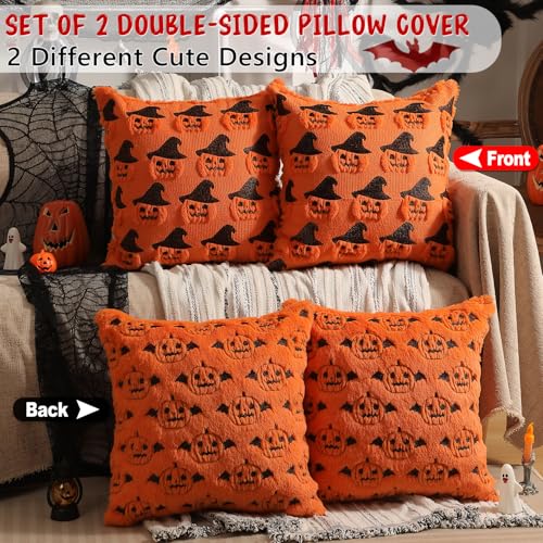 Halloween Pillow Covers Set of 2 - Double-Sided Faux Fur, 18x18