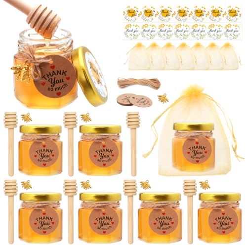 XING-RUIYANG 8 Pack Mini Glass Honey Jars with Dippers & Gold Lids