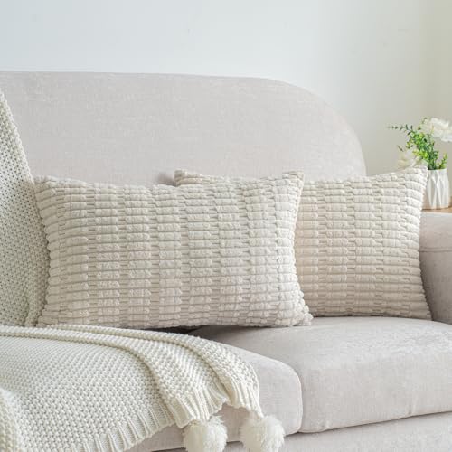 Cream White Corduroy Lumbar Pillow Covers 12x20 - Set of 2