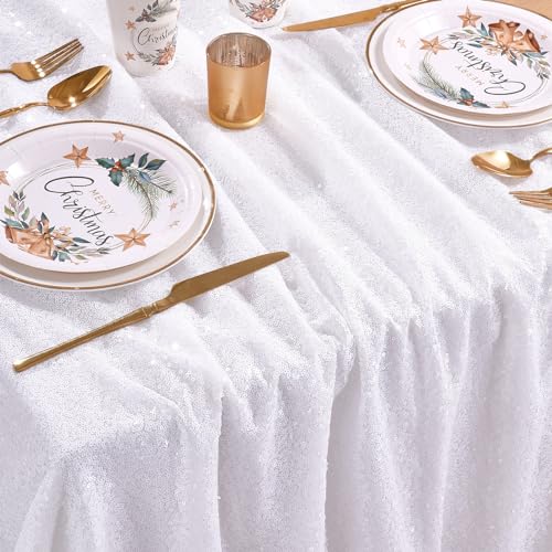 White Wedding Tablecloth 90x90 Inch Sequin Fabric Sparkle Party Decor - QueenDream
