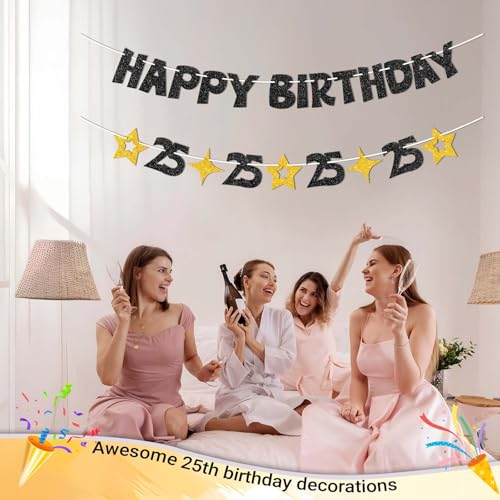 Happy 25th Birthday Banner - Pre-Strung Black & Gold Decorations