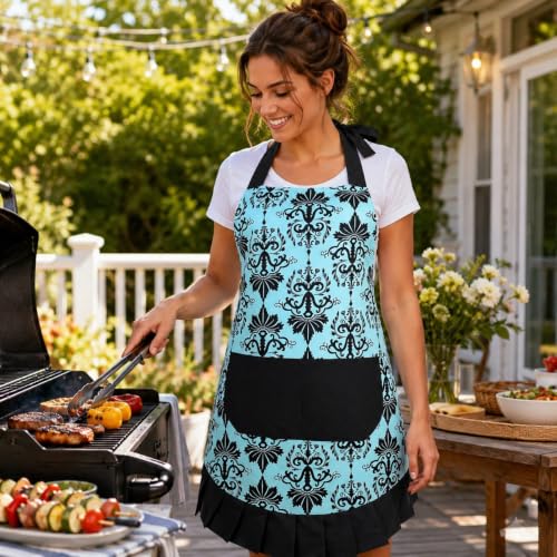 G2PLUS Vintage Cotton Apron for Women - Blue & Black Ruffle Kitchen & Baking Apron with Big Pocket - Adjustable Neck, Holiday Gift